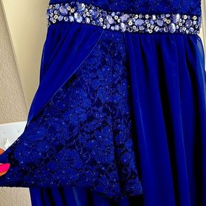 Formal Royal blue , rhinestone on waist , shorts underneath sheer dress.
